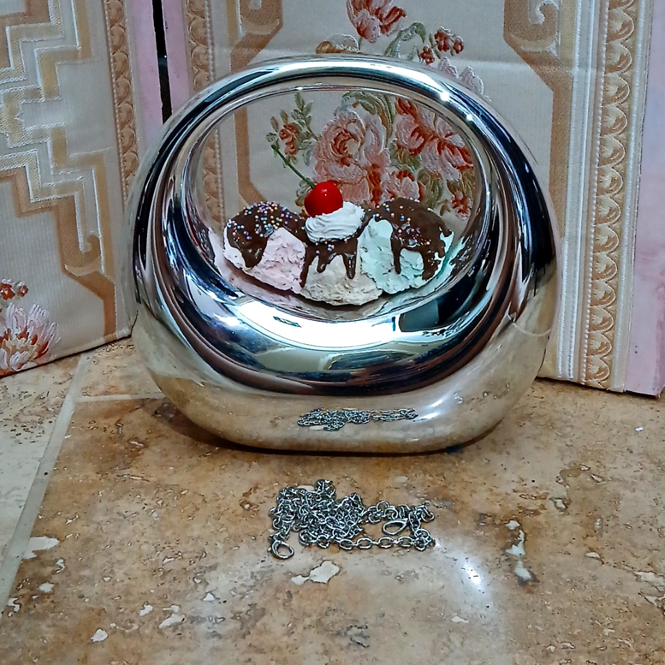 Ooak Handmade Ice Cream Sundae Purse | Rare Novelty Hard Case | Silver Chain